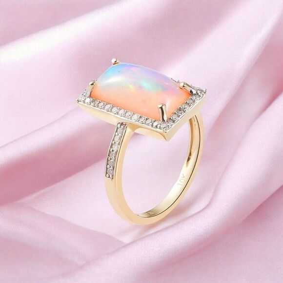10k Gold Natural Opal Ring -Size 9- 2.80cttw Blue Opal & Halo Diamond Ring -4.3g - Picture 13 of 16